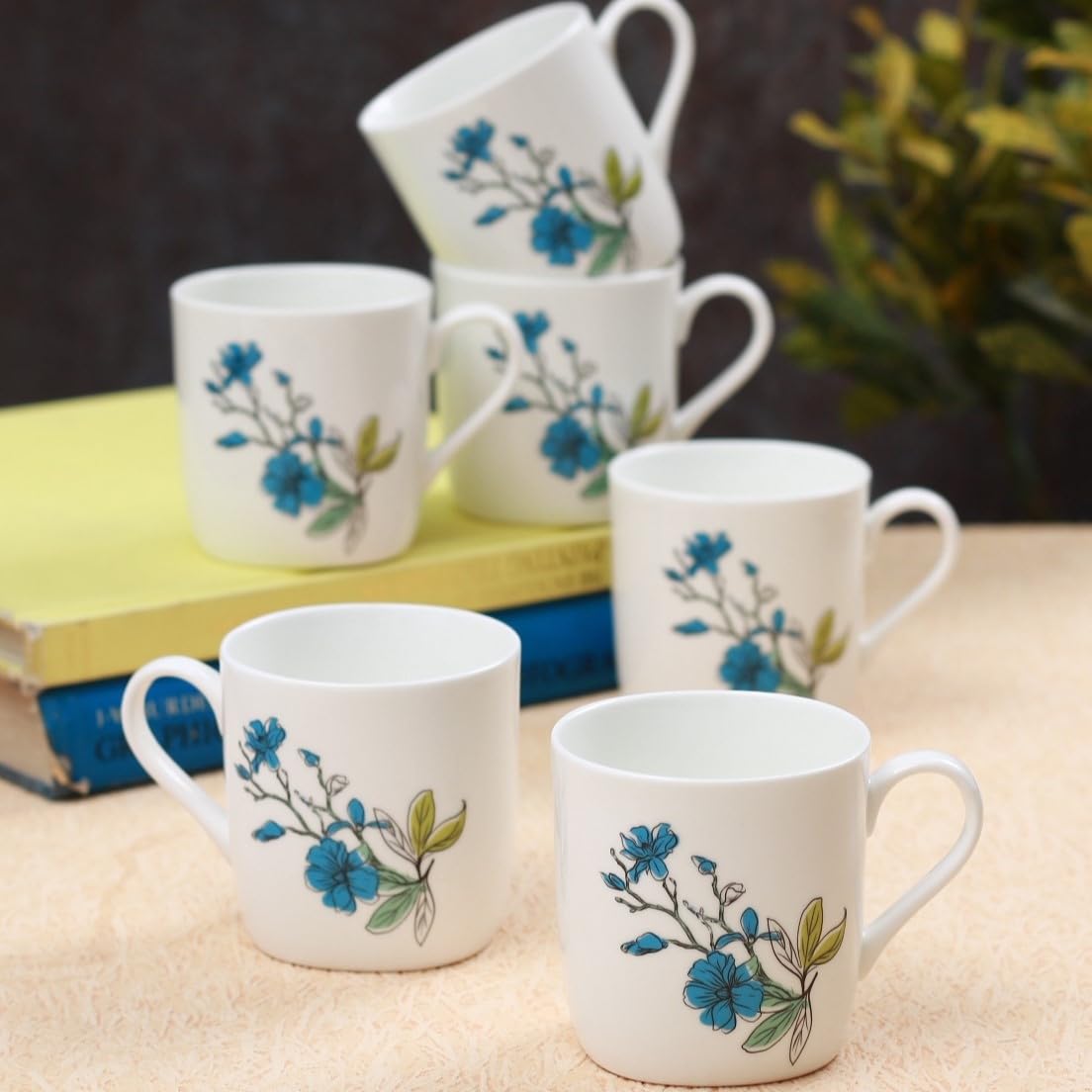 Clay Craft Fine Ceramic | Floral Printed | Tea/Coffee Cups - Set Of 6-180 Ml Each (Blue Flower), Tea Cup Set Of 6, Microwave & D