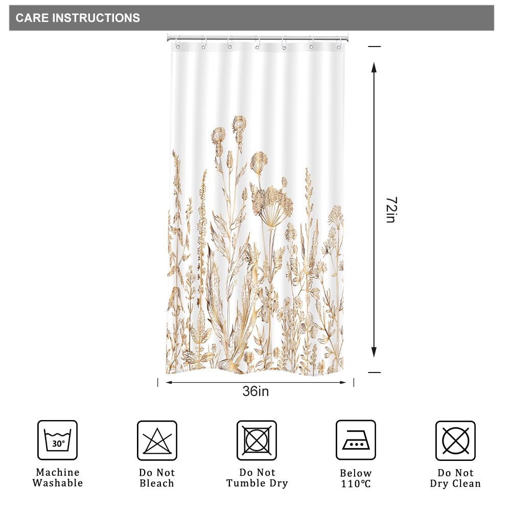 Riyidecor Small Stall Rv White Gold Floral Shower Curtain For Bathroom Decor 36Wx72H Wildflower Rustic Botanical Herbs Plant Lea