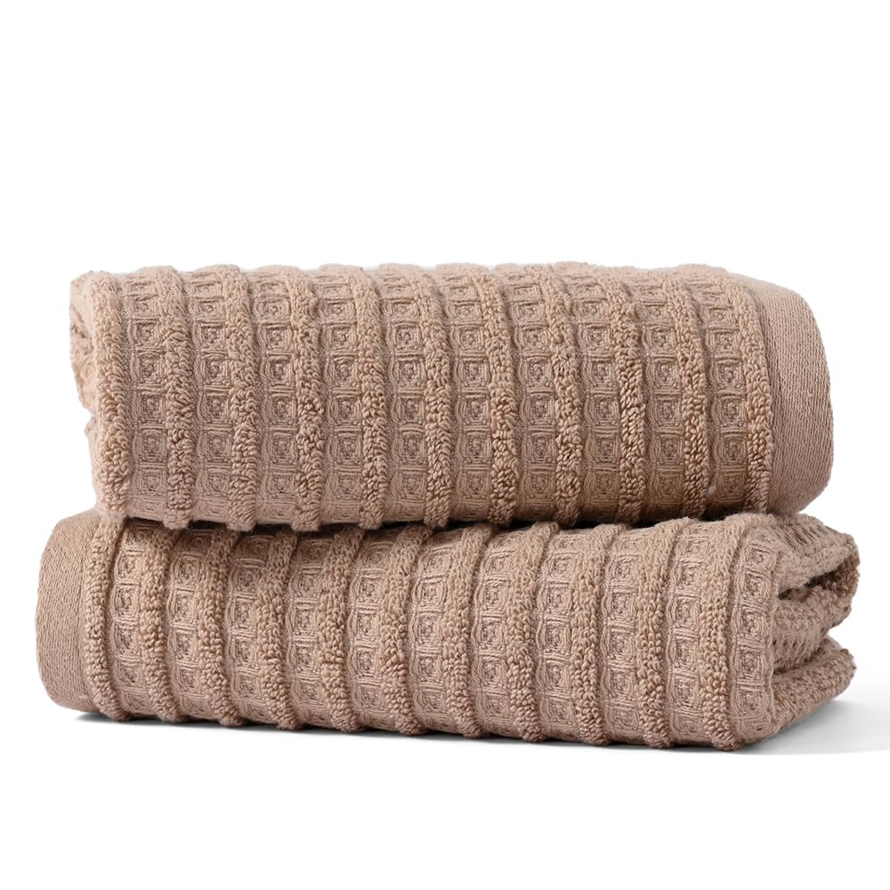 Sense Gnosis Brown Hand Towel Set Of 2 Waffle With Terry Striped Pattern 100% Cotton Ultra Soft Absorbent Towels For Bathroom Ki