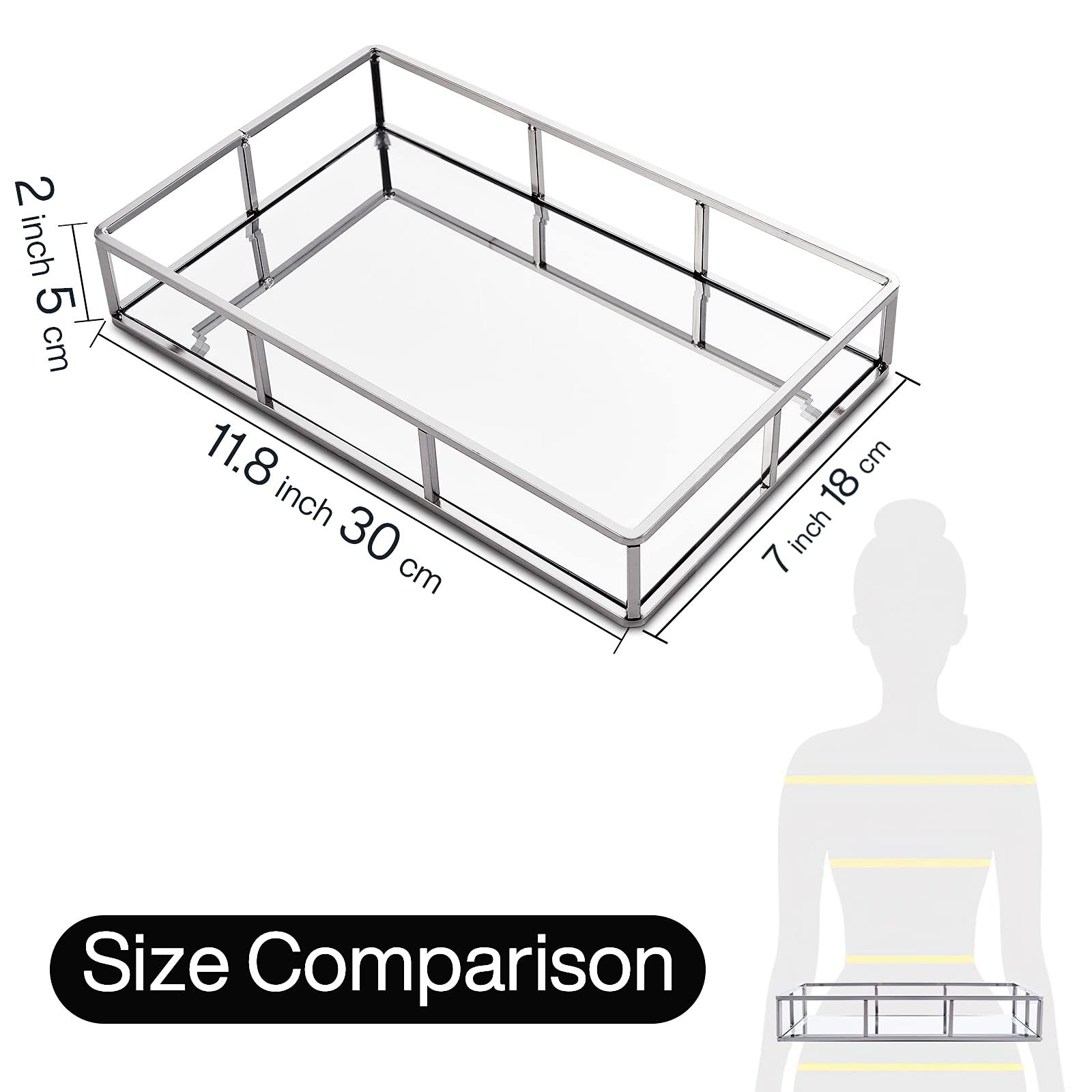 PuTwo Metal Vanity Jewelry Decor Mirror Tray  Glass Perfume Organizer for Bathroom  Counter  Silver