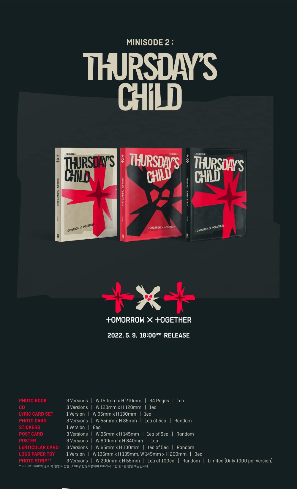 Big Hit Txt Tomorrow X Together - Minisode 2 : Thursday'S Child 4Th Mini Album+Extra Photocards Set (Hate Ver, 1 Folded Poster),