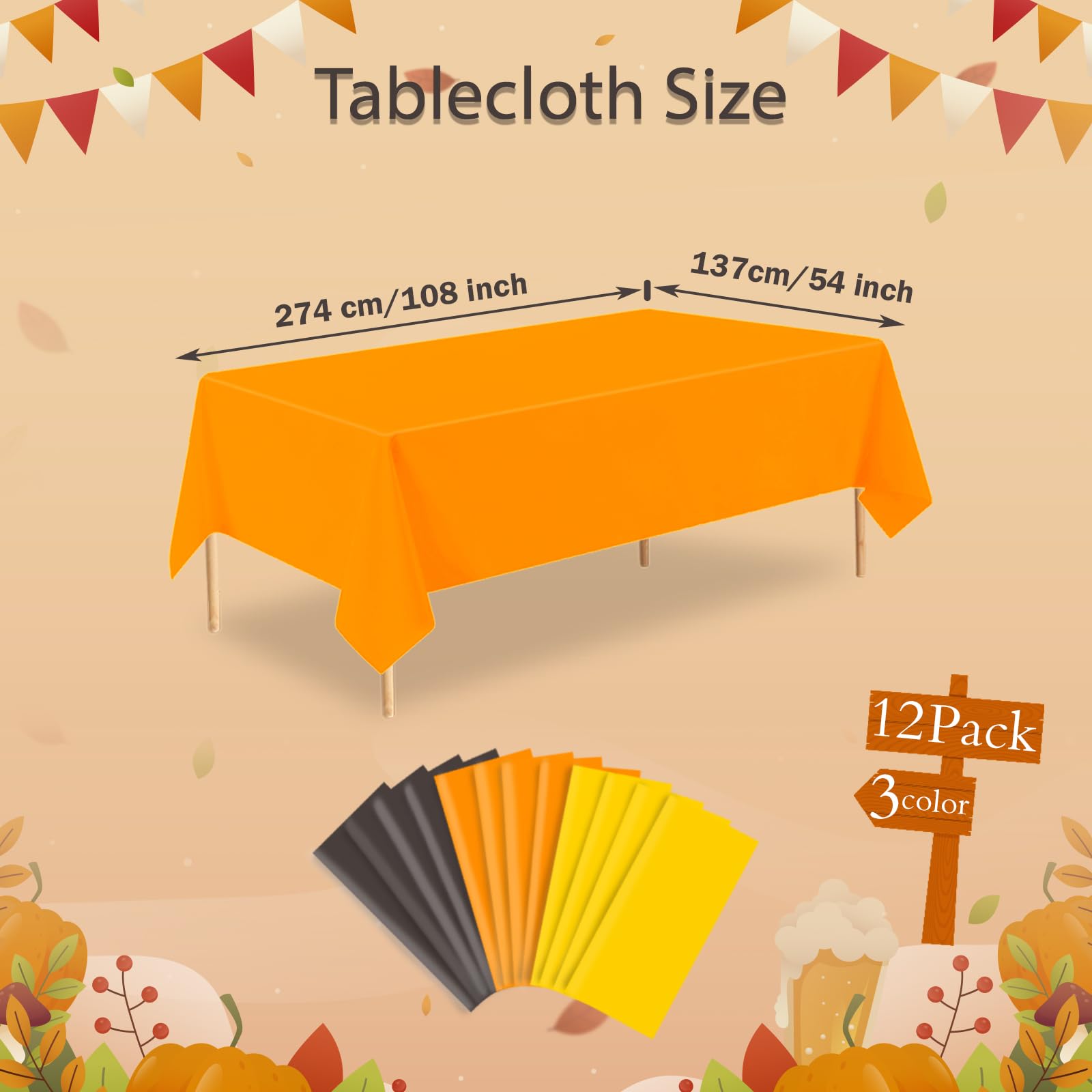 ZHIAXTON 12 Pack Thanksgiving Plastic Tablecloth, 54 X 108 Inch Disposable Orange Yellow Brown Rectangle Fall Tablecloth for Aut