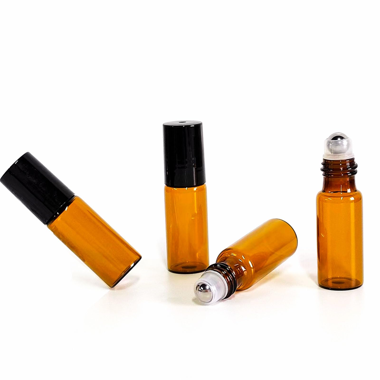 50 Pcs 5Ml Amber Glass Roller Bottle,Essential Oil Sample Vials With Stainless Steel Roller Ball,Black Caps,For Travel Perfume C