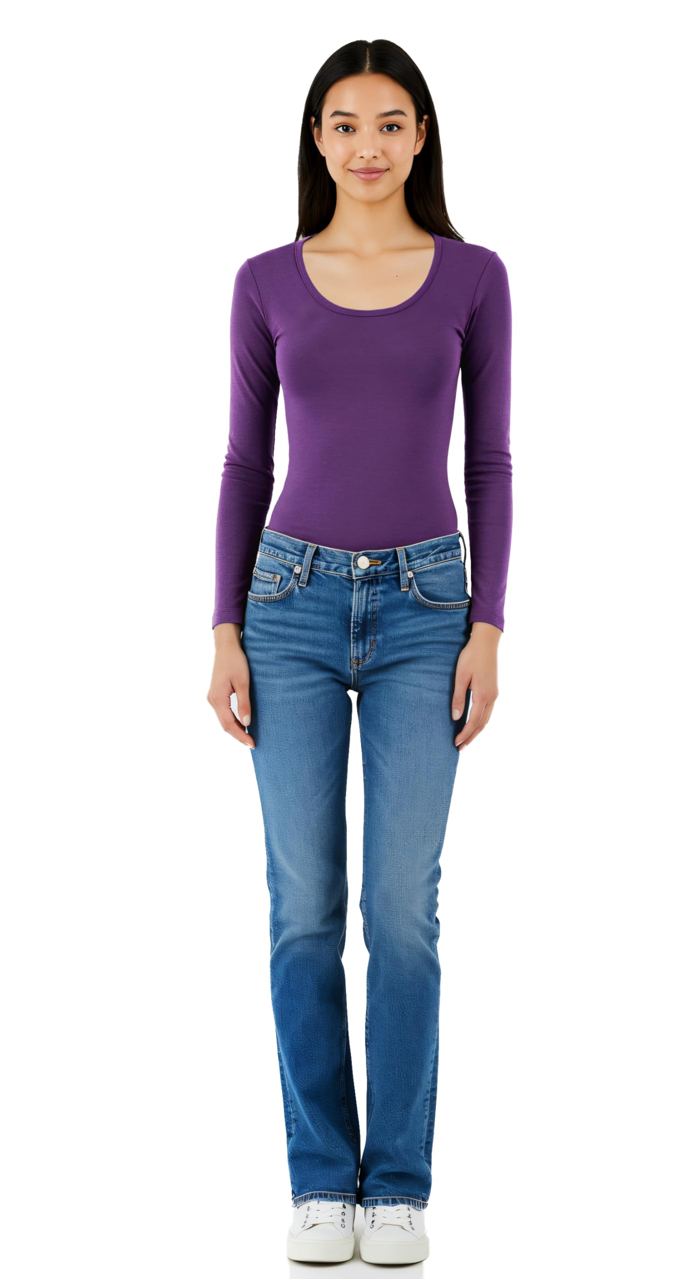 Emmalise Womens Junior And Plus Size Basic Scoop Neck Tshirt Long Sleeve Tee, Large, Violet