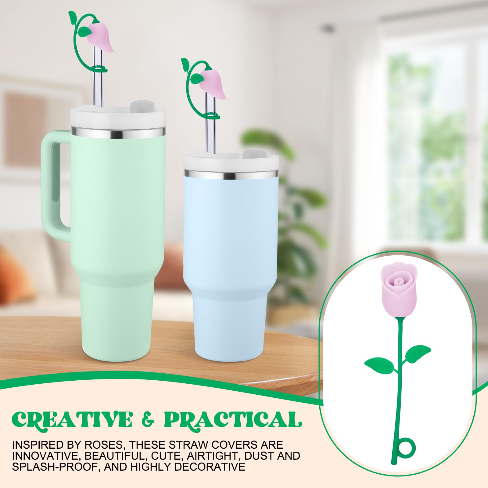 Straw Cover Cap for Stanley Cup, Cute Straw Toppers Compatible with 20 30 40 Oz Tumbler, Cute Silicone Rose Flower, Fit 6 8 10mm