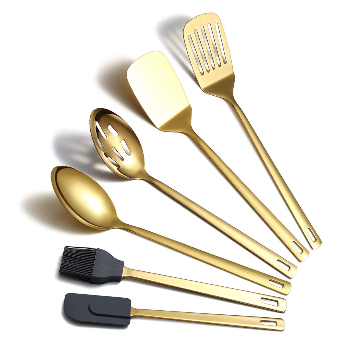 Gold Cooking Spoons, Berglander 6 Pieces Spatula Set Stainless Steel, Metal Spatula, Serving Spoon, Kitchen Tools Set Non-Stick