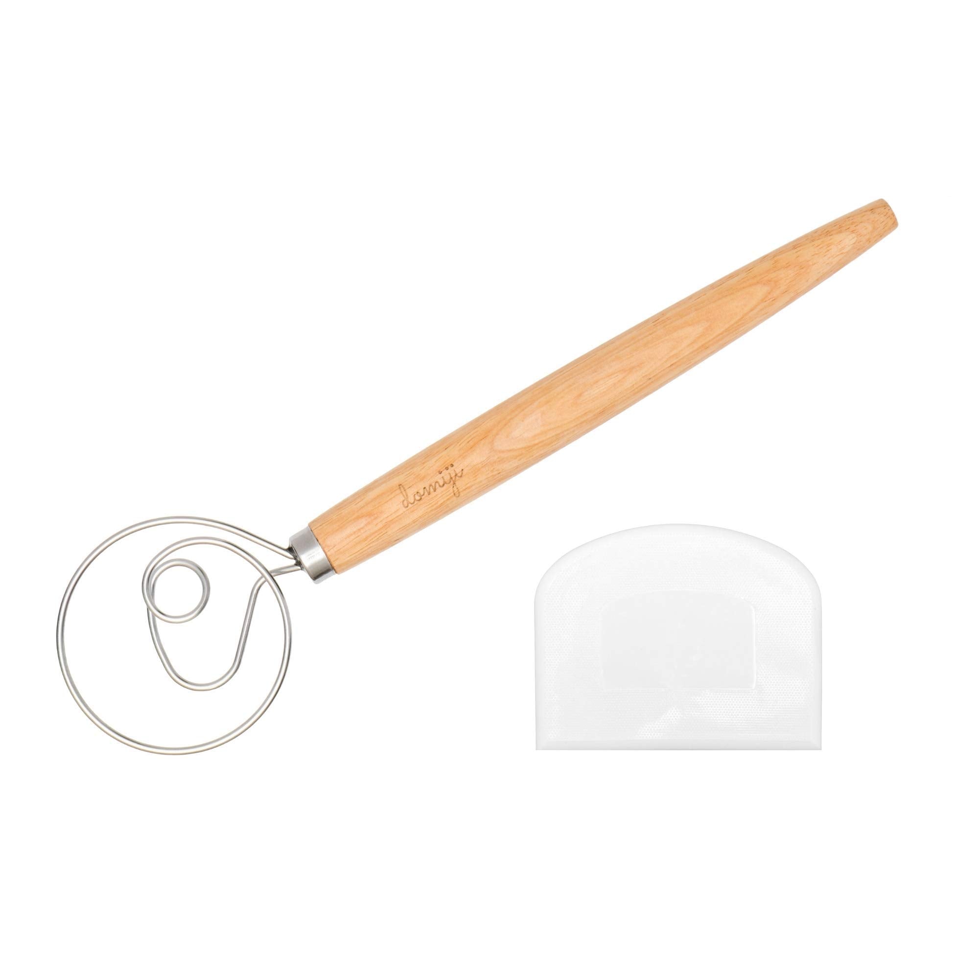 Domiji Danish Dough Whisk Large(2 Pcs) - Stainless Steel Wire Wooden Whisk Handle Hand Mixer For Bread Pancake Dough W/Dough Scr