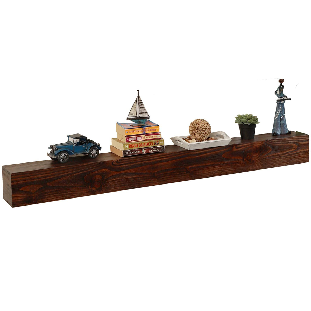 Welland 60 - Inch Fireplace Mantel Shelf, Real Wood Floating Wall Shelf, Walnut Color, Pinewood