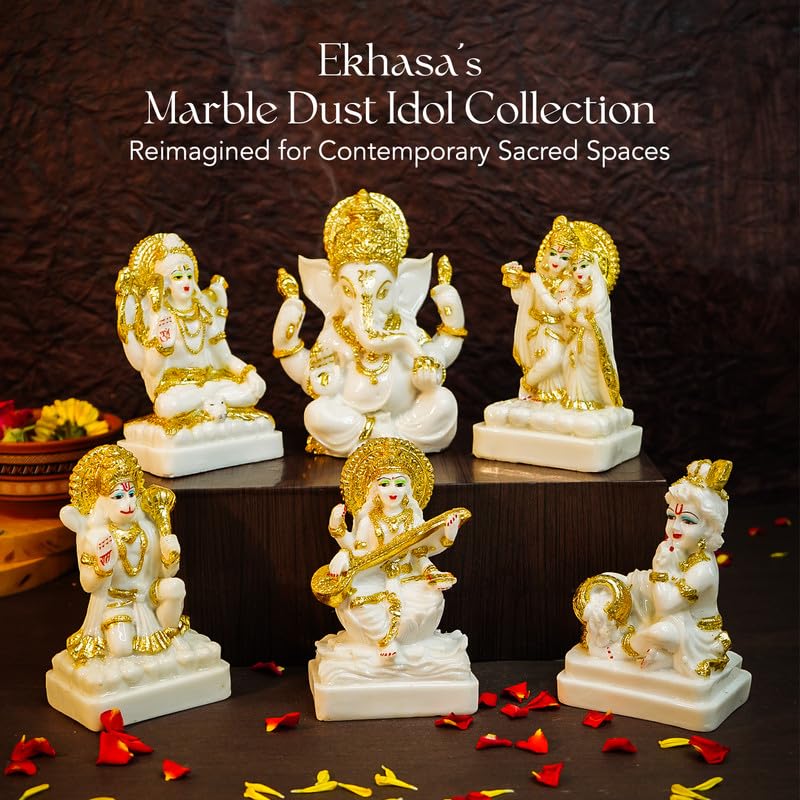 Ekhasa Aura Series Marble Dust Maa Saraswati Idol (5 Inch) | Gold Plated Saraswati Maa Murti For Study Table, Pooja Room & Home