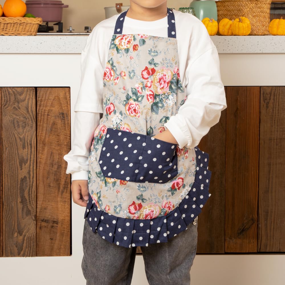 Neoviva Toddler Girls Apron With Pockets For Daily Play Kitchen, Double-Layered Kitchen Apron For Children, Style Kathy, Floral