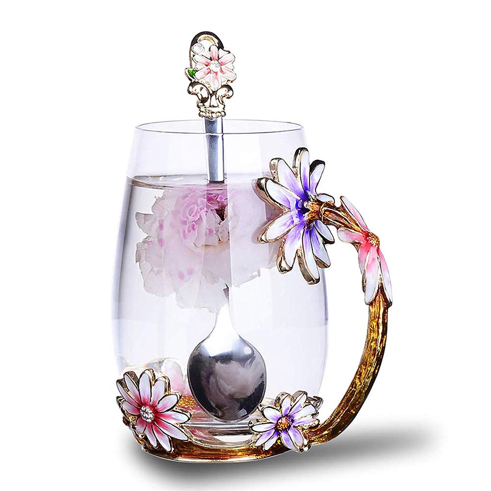Goodking Flower Glass Tea Mug, Lead-Free Handmade Enamel Coffee Mug Tea Cups with Spoon For Women Grandma Mom Teachers Friend Wi
