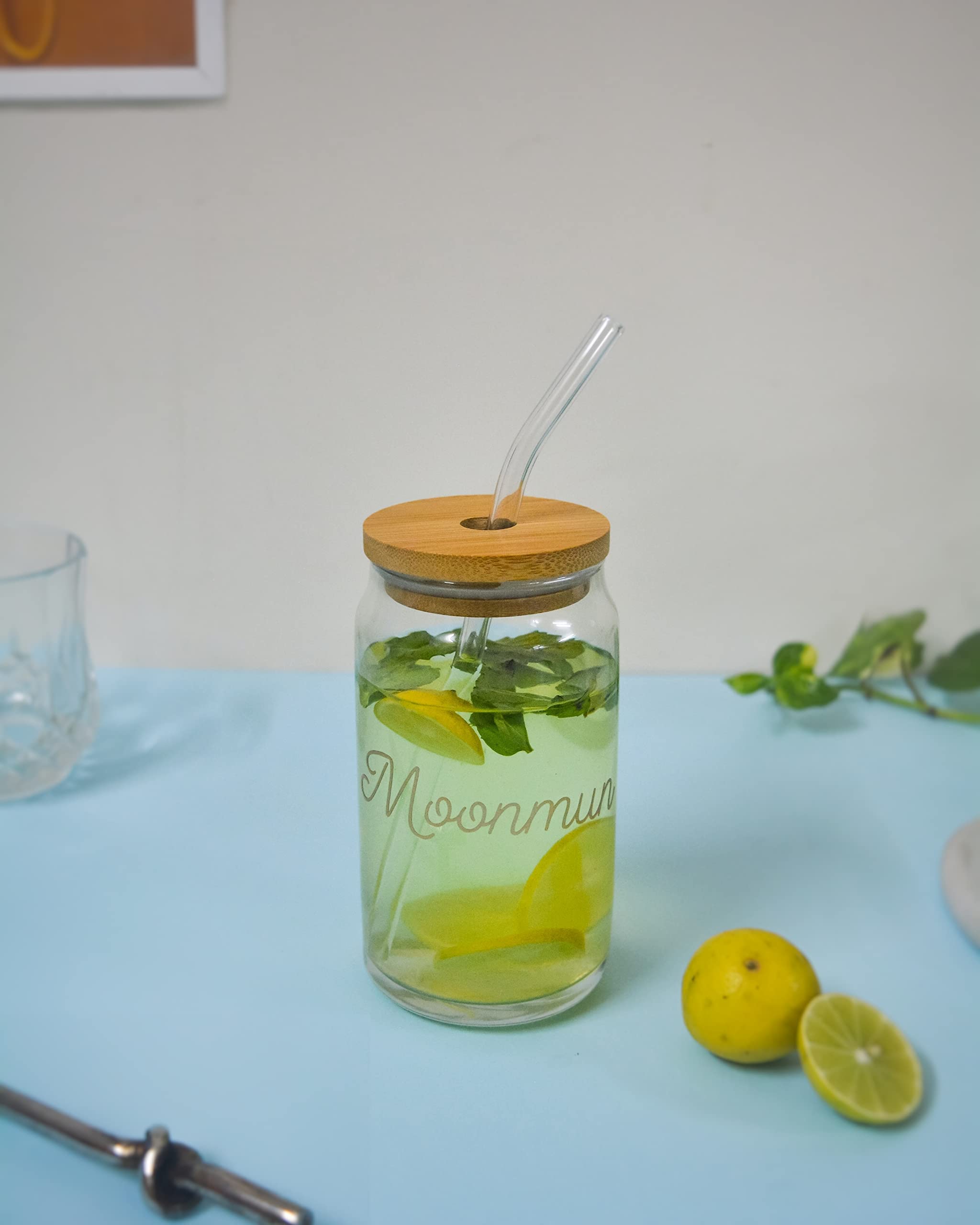 The Bling Stores Customised Glasses with Bamboo Lids and Glass Straw Ice Juice Drinking Glass Can Mug with Straw for Milk Coffee