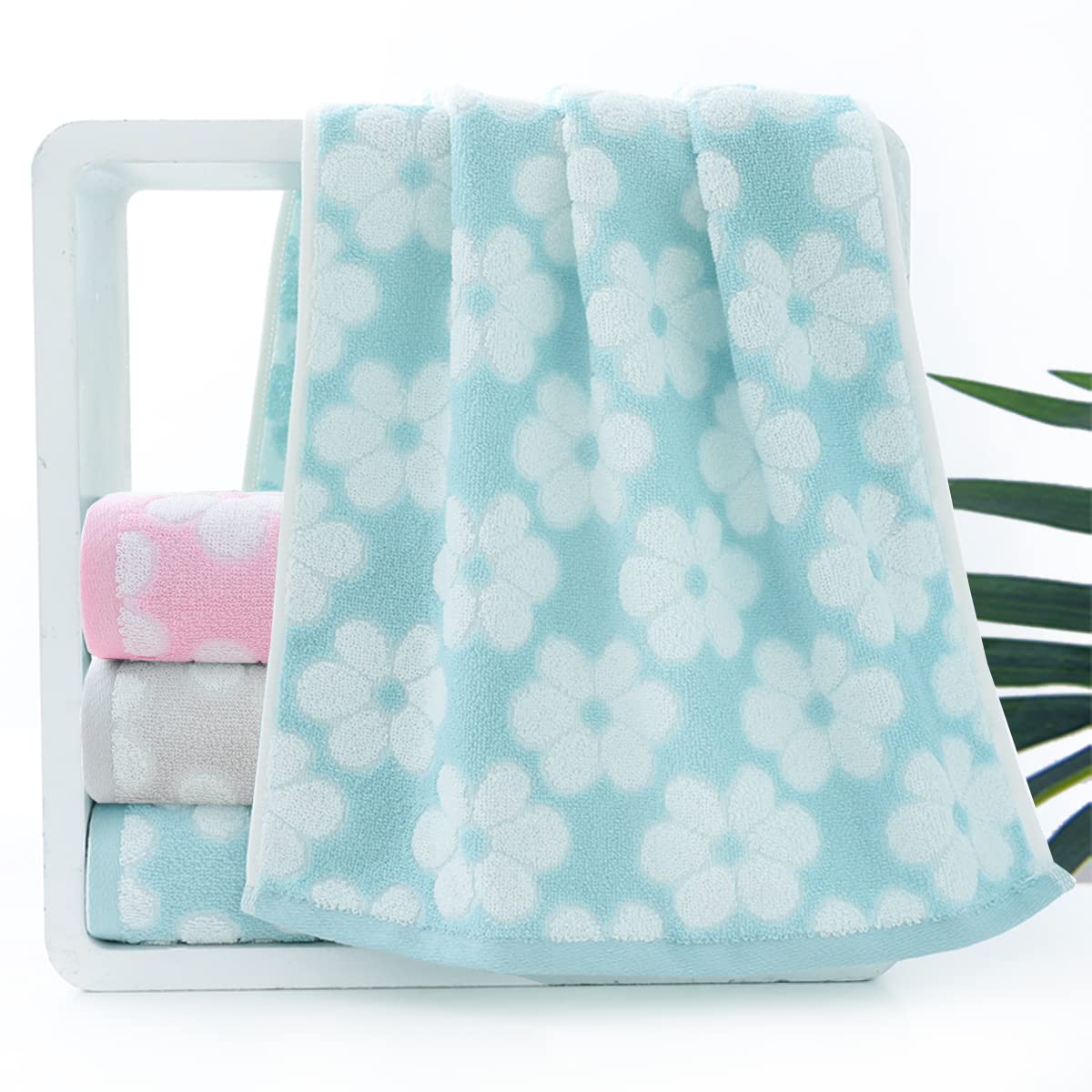 Pidada Hand Towels Set Of 2 Floral Pattern 100% Cotton Soft Absorbent Decorative Towel For Bathroom 13.4 X 29.1 Inch (Blue)