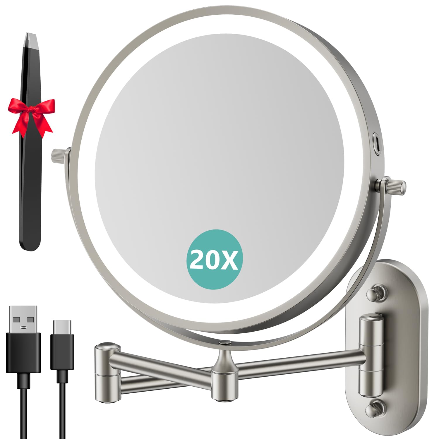 1X/20X Wall Mounted Makeup Mirror With Light, 8 Rechargeable Double-Sided Magnifying Mirror, Vanity Mirror Dimmable 3 Color Ligh