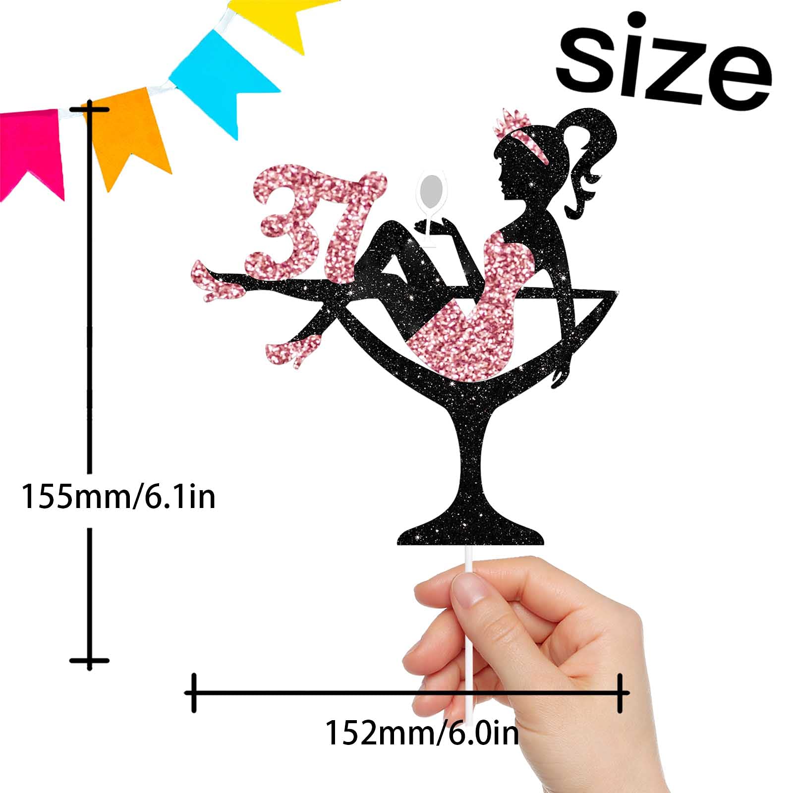 Sitting Girl Cake Topper Picks for Girl Lady 37th Birthday Makeup Spa Theme Party Decoration Supplies 37 Silhouette High Heeled Girl Cake Decor Rose Gold Glitter