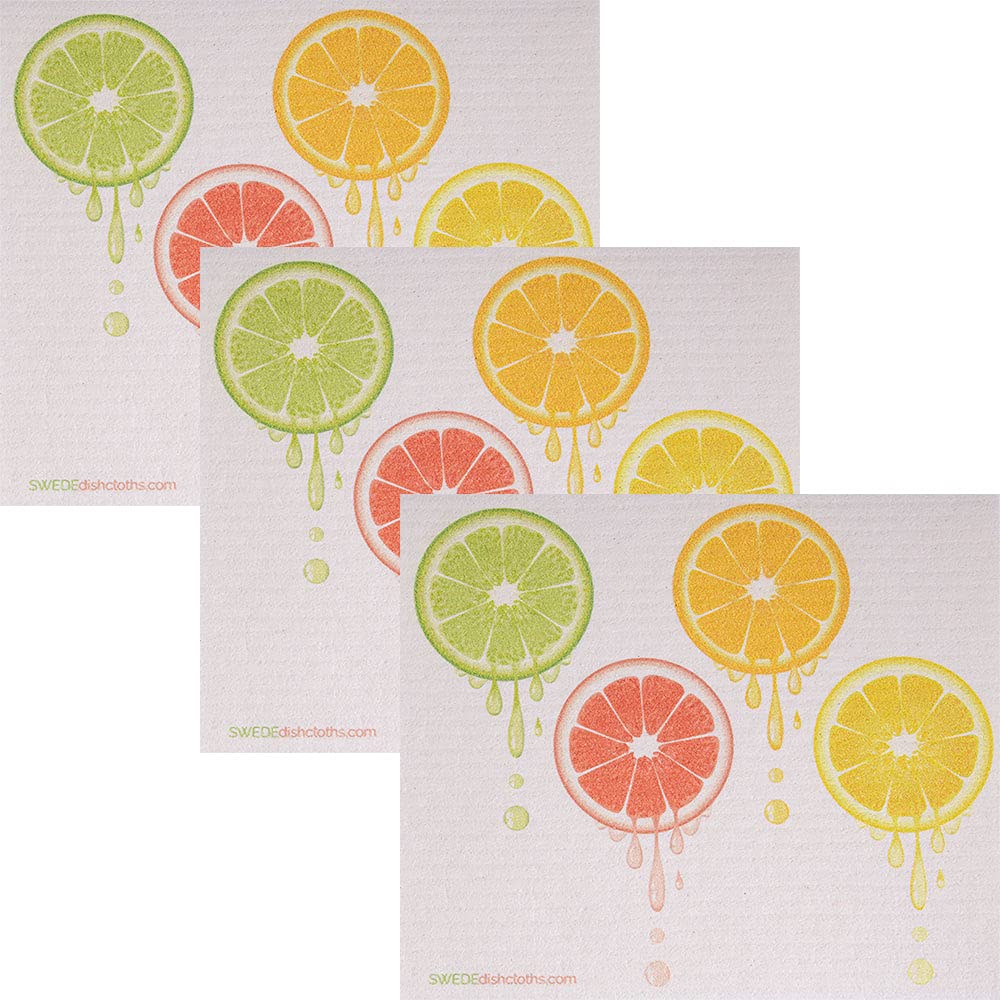 Swededishcloths - Cellulose Sponge Dish Towels - Set Of 3 Dripping Fruit Swedish Dish Cloths