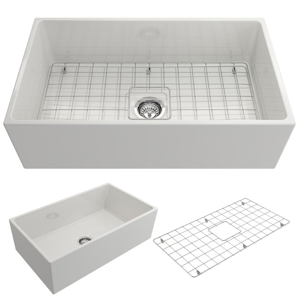 Bocchi Contempo Farmhouse Apron Front Fireclay 33 In. Single Bowl Kitchen Sink With Protective Bottom Grid And Strainer In White