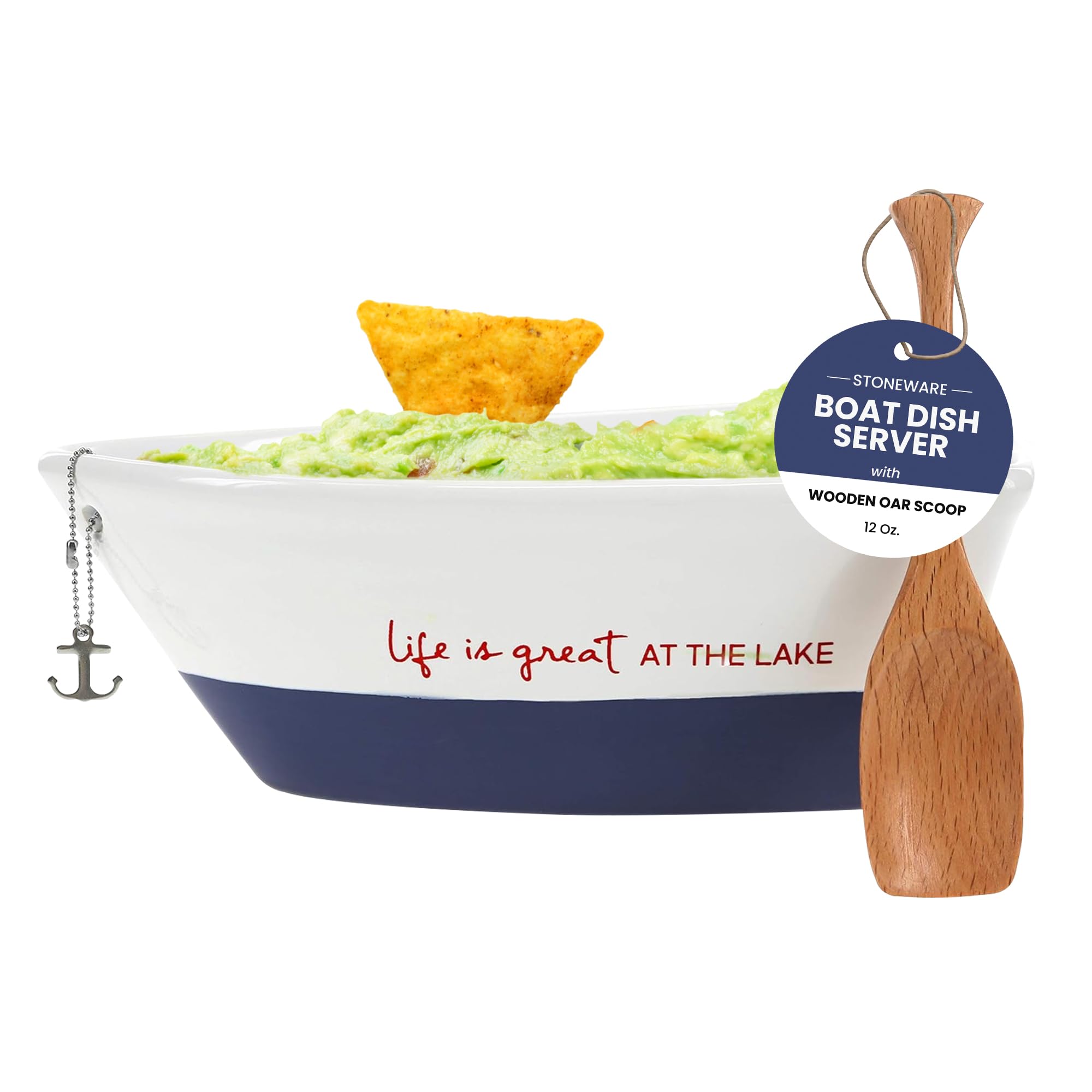 Pavilion Lake Boat Dish Server - Life Is Great At The Lake Text Design - Stoneware Boat Dish with Wooden Oar Scoop, Microwave & 