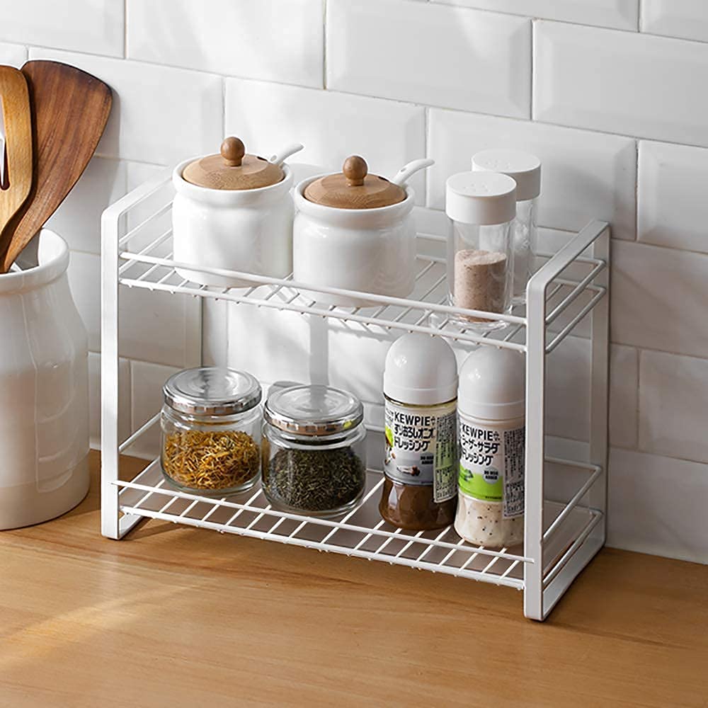 Mylawood Art 2Tier Spice Rack,Shelf Rack Kitchen Bathroom Countertop, 2Tier Standing Storage Organizer White Bottle Shelf Hold