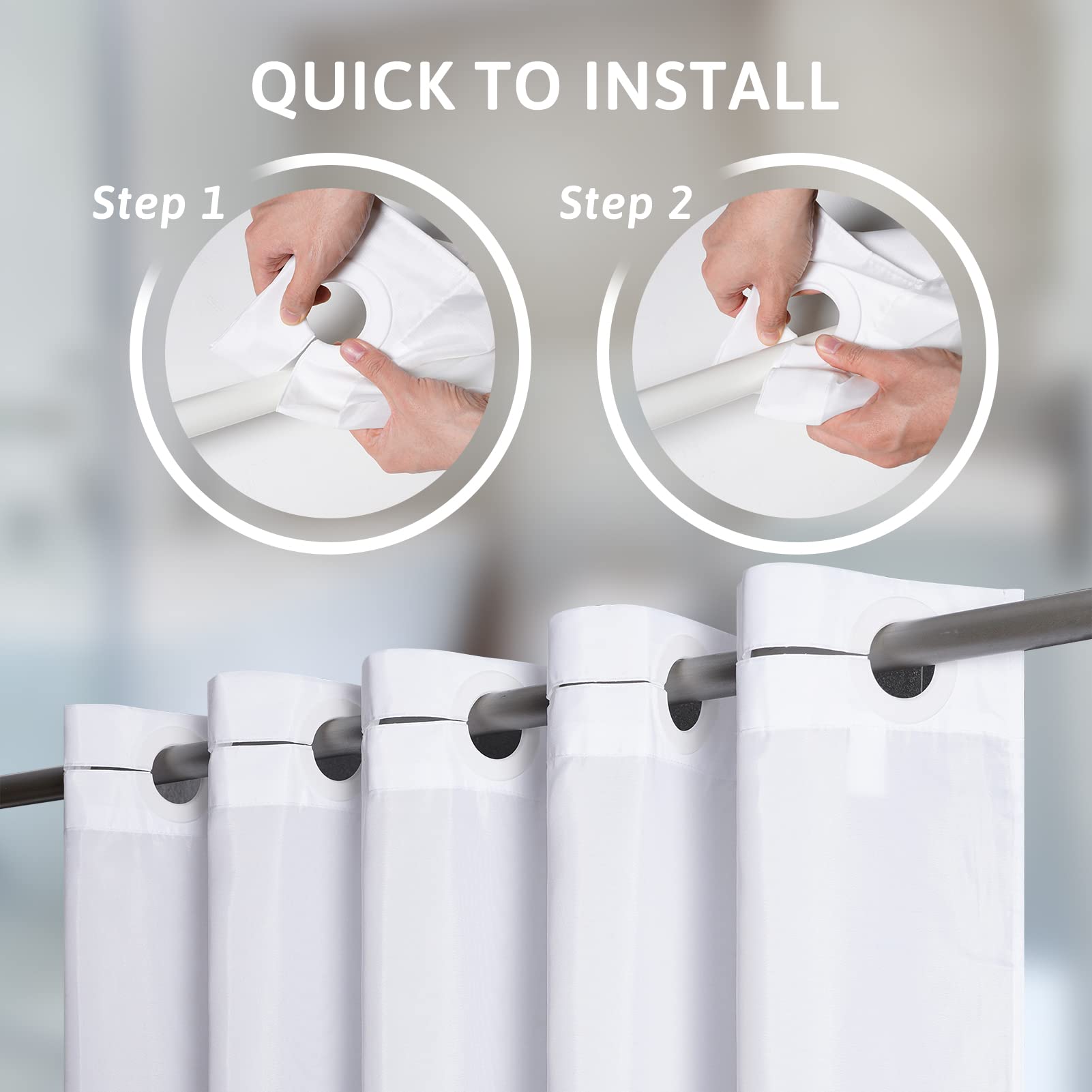 Furlinic No Hook Shower Curtain Fabric White Waterproof Shower Curtain or Liner Hotel Spa Luxury Washable Cloth Decoratvie Bathroom Curtains with 10 Plastic Split Grommets 72x72 Inch Standard Size