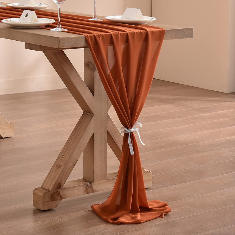 Socomi 14Ft Terracotta Chiffon Table Runner 29X170 Inches Sheer Wedding Runner Romantic Rustic Table Runner For Easter Thanksgiv
