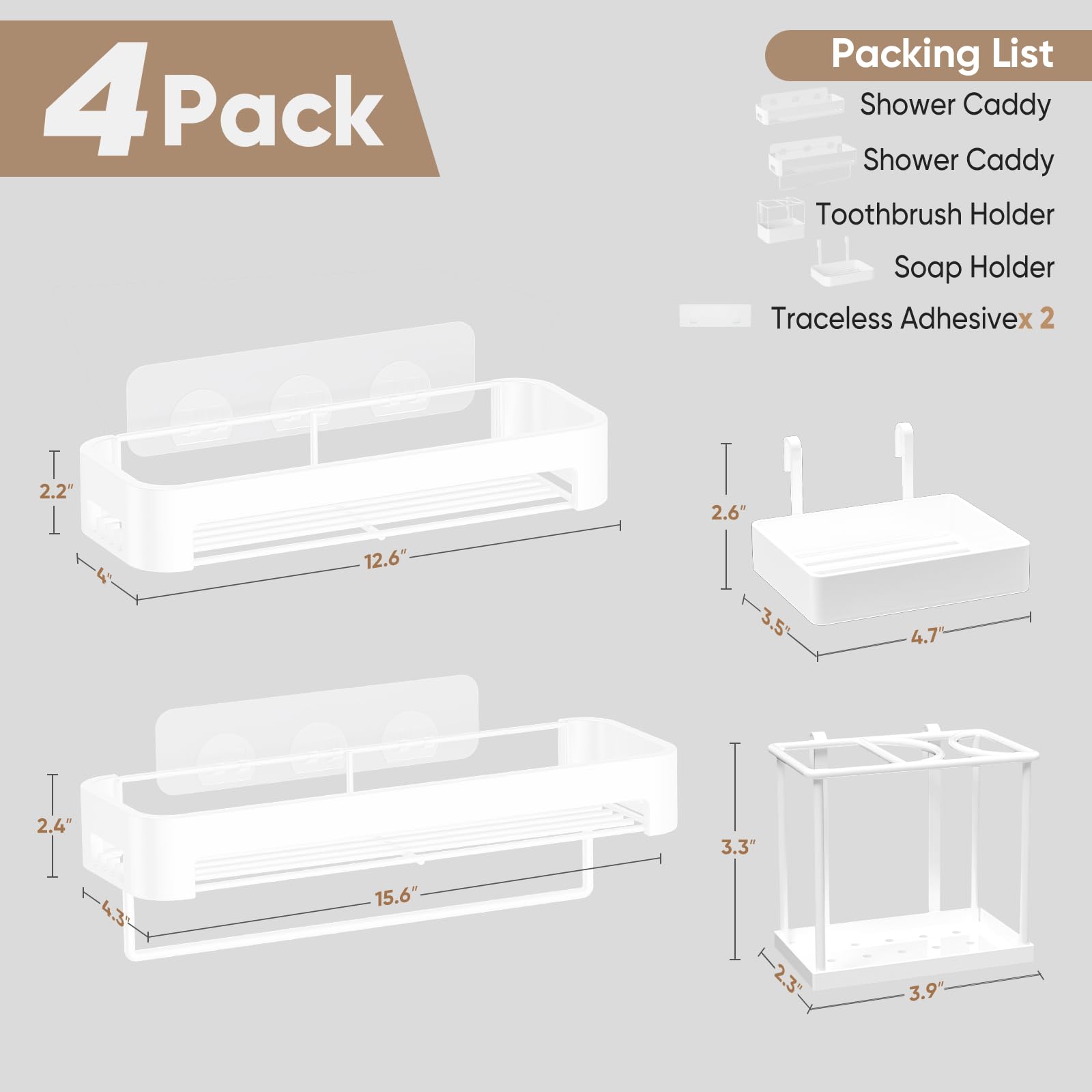 Necvha Shower Caddy,4 Pack Rustproof Shower Shelves,15.6In Adhesive Shower Organizer Large Capacity Bathroom Organizers And Stor