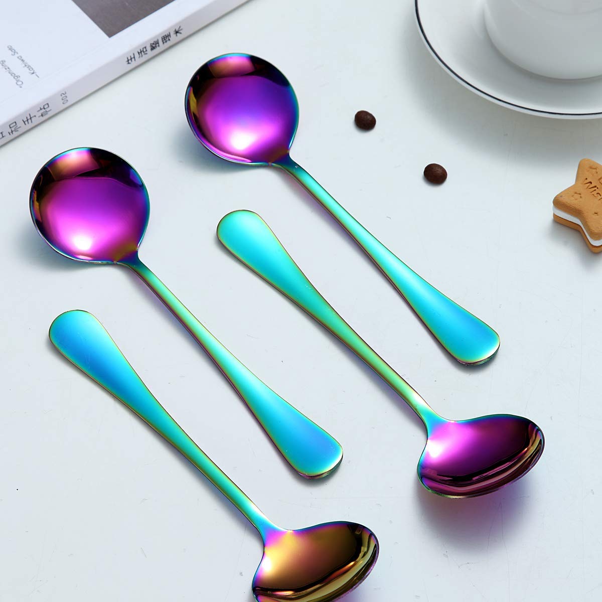 Rainbow Soup Spoon Of 4, Berglander 7.5'' Stainless Steel Titanium Plating Shiny Mutilcolor Round Spoons Silverware, Colorful Ta