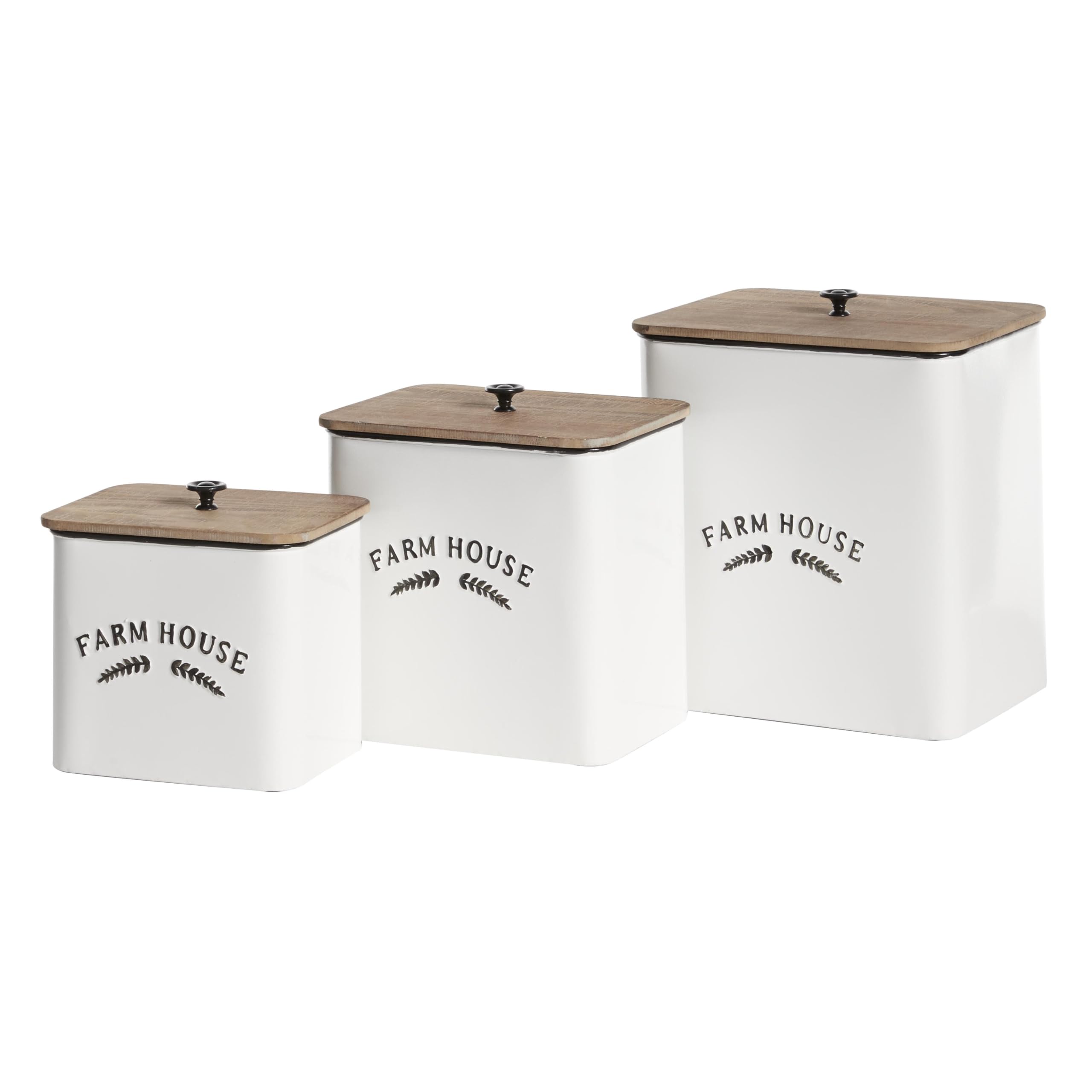 Deco 79 Metal Decorative Canisters Farm House Decorative Containers With Wood Lids And Black Accents, Set Of 3 Decorative Keepsa