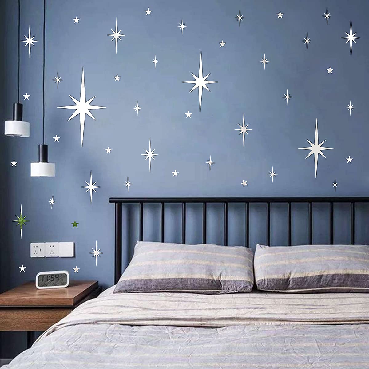 Retro Starburst Mirror Wall Decals Silver 3D Acrylic Sparkle Wall Decors Star Wall Stickers Removable Star Decals Bathroom Bedro