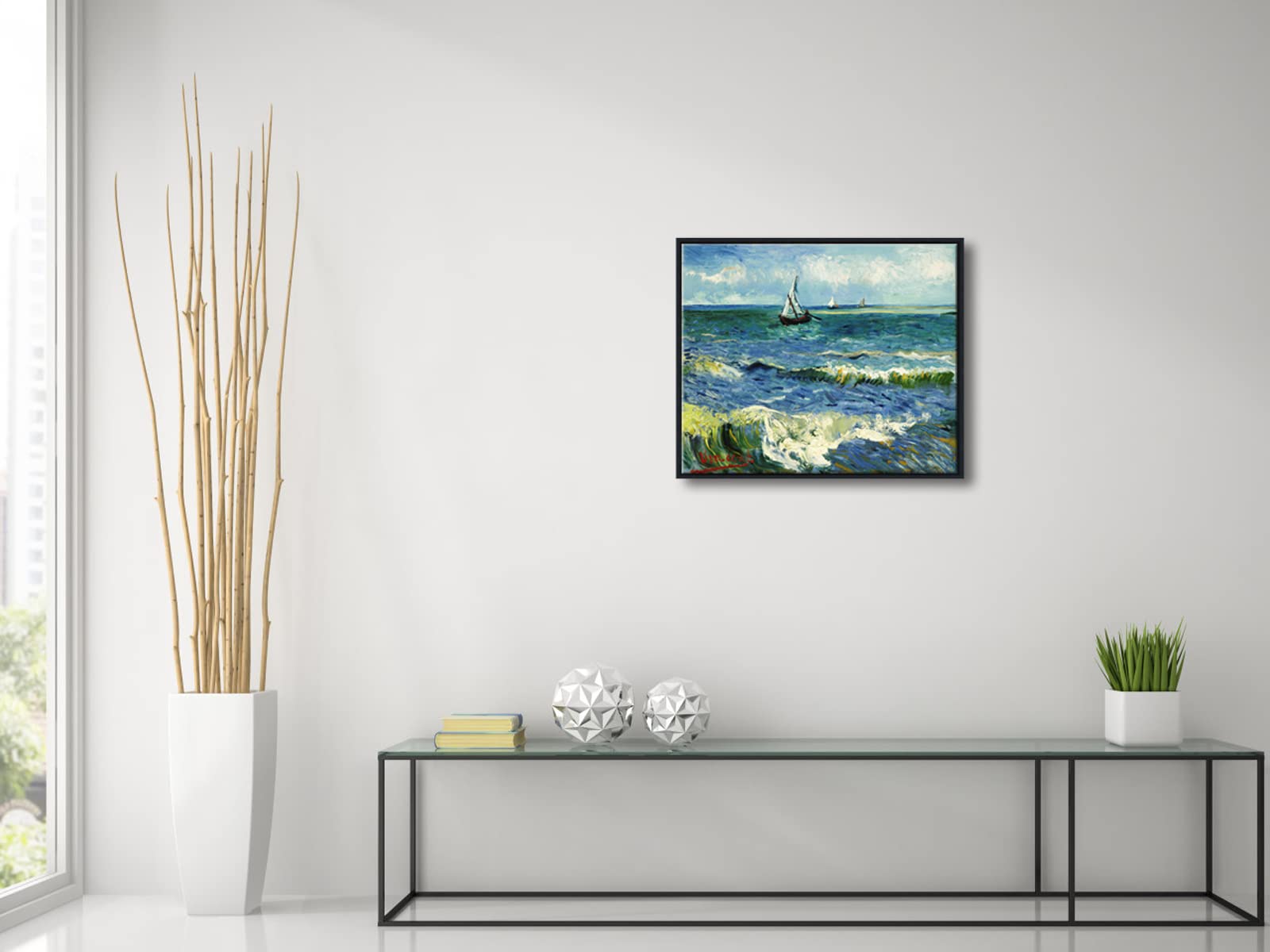Wieco Art Black Framed Art Seascape At Saintes Maries By Vincent Van Gogh Oil Paintings Reproduction Modern Canvas Prints Sea Pi