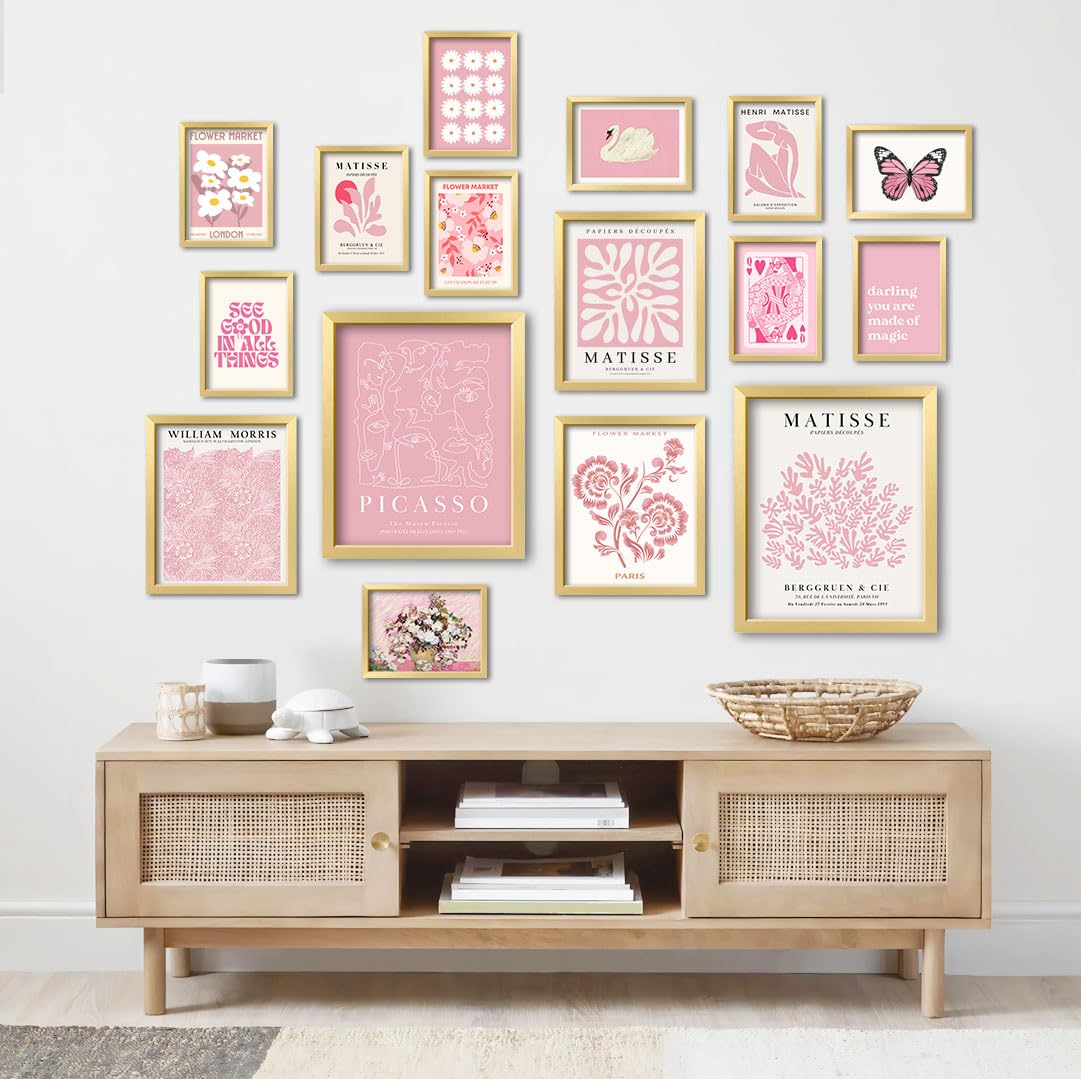Anerza 16 Pcs Pink Wall Art Decor, Matisse Gallery Wall Prints For Bedroom, Light Pink Posters For Room Aesthetic, Collage Kit P