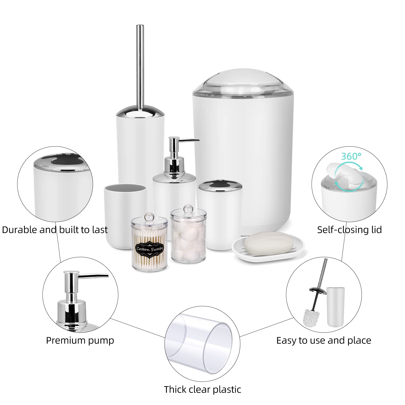 Imavo Bathroom Set - 9 Pcs White Bathroom Accessories Set With Trash Can,Tray,Soap Dispenser,Soap Dish, Toothbrush Holder,Toothb