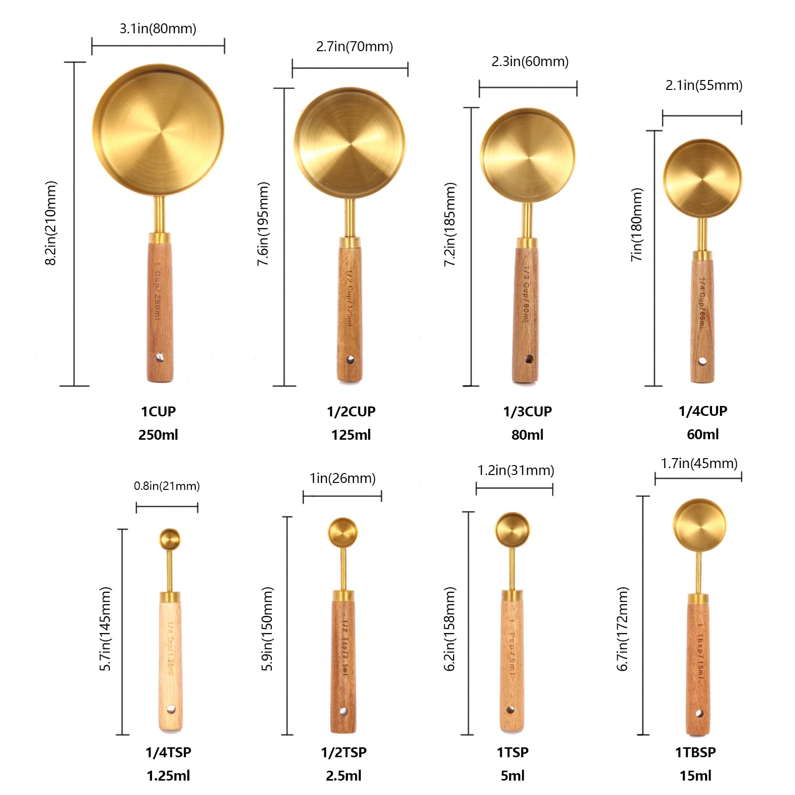 Gold Measuring Cups And Spoons Set With Fragrant Wood Handles, Premium Stainless Steel Measuring Spoons And Measuring Cups Set,
