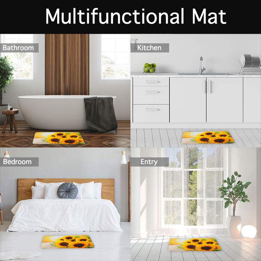 Britimes Bath Mat For Bathroom, Bathroom Mats Rugs No Silp, Yellow Sunflower Washable Cover Floor Rug Carpets Floor Mat Bathroom