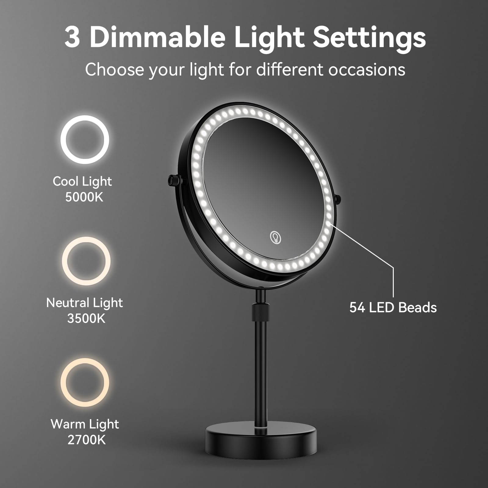 Nicesail Led Lighted Makeup Mirror Tabletop, 10X Magnifying Mirror With 3 Color Lights, Brightness Adjustable Height Adjustable,