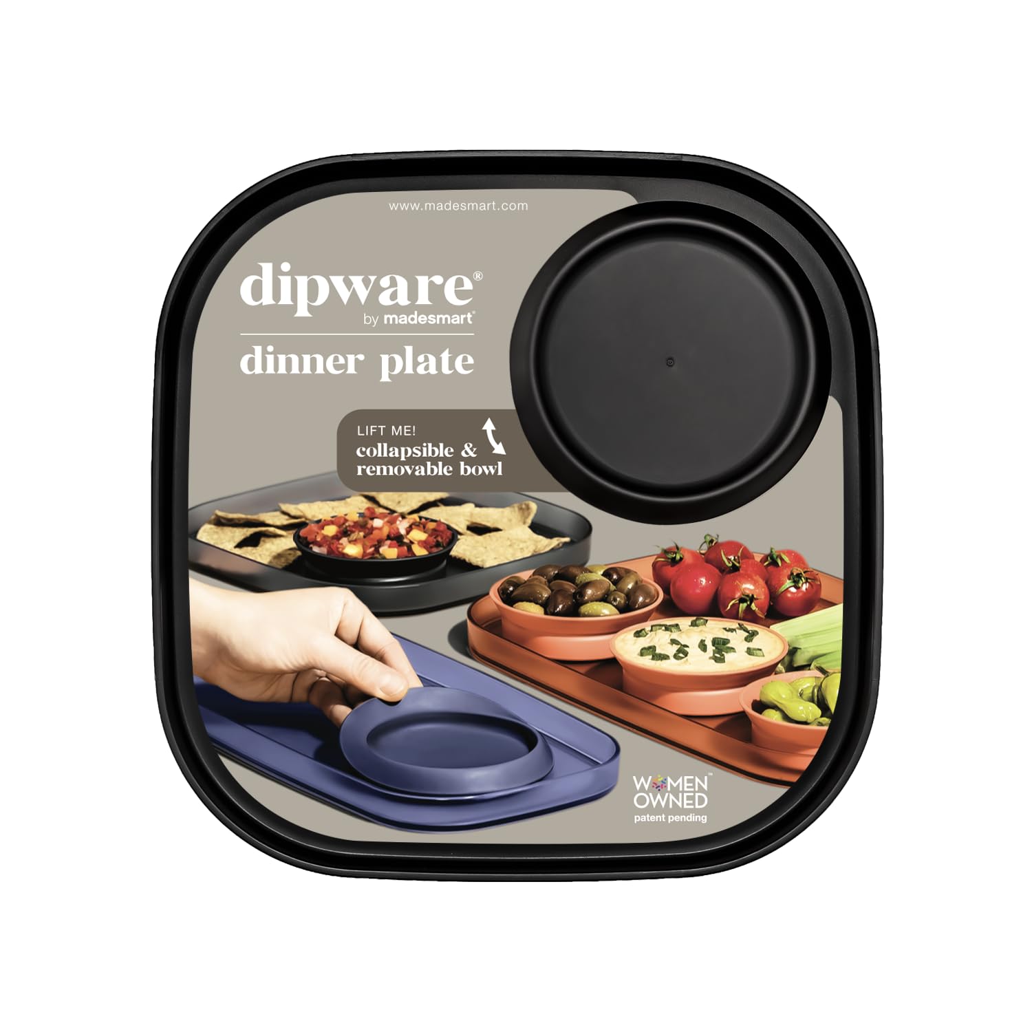Madesmart Dipware Dinner Plate With Collapsible And Removable Dip Bowl For Meals And Appetizers; Reusable Serving Plate With Mul