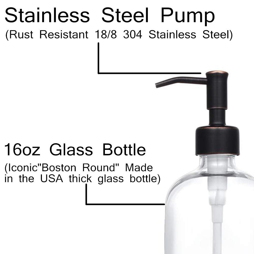 2 Pack Thick Clear Glass Pint Jar Soap Dispenser With Oil Rubbed Bronze Stainless Steel Pump, 16Ounce Clear Boston Round Bottles