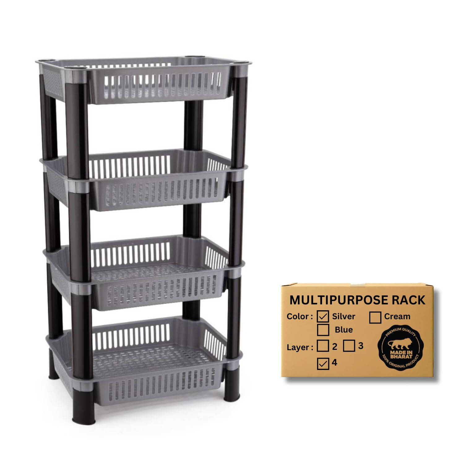 Biltoxi Kitchen Racks Plastic, Vegetable Basket Stand, Plastic Rack Office, Fruits Onion Stand for Kitchen (Grey Color, 4 Layer)