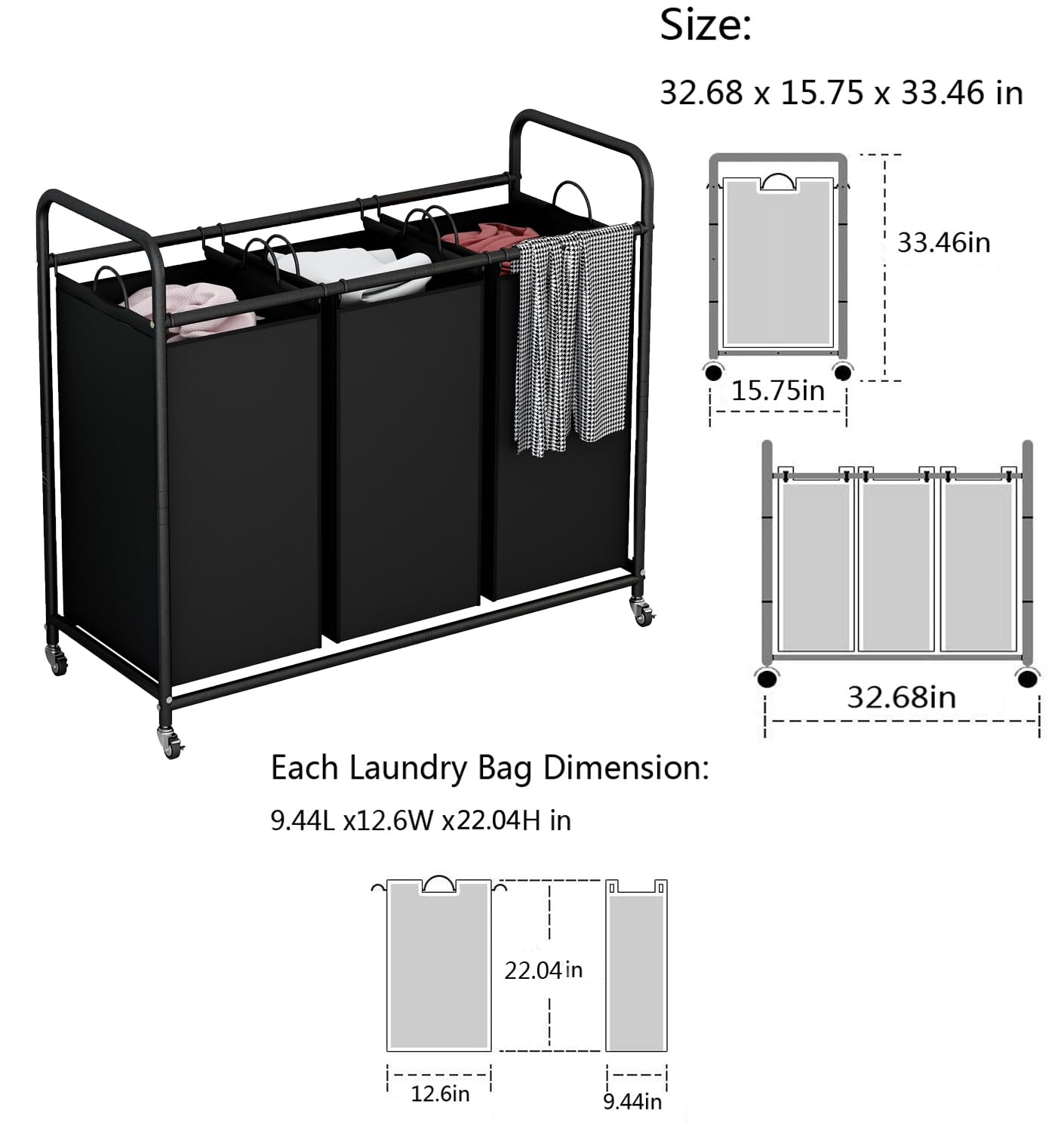 Linzinar 3-Bag Laundry Basket Hamper Laundry Sorter Cart Laundry Room Organization With Heavy Duty Rolling Lockable Wheels And R