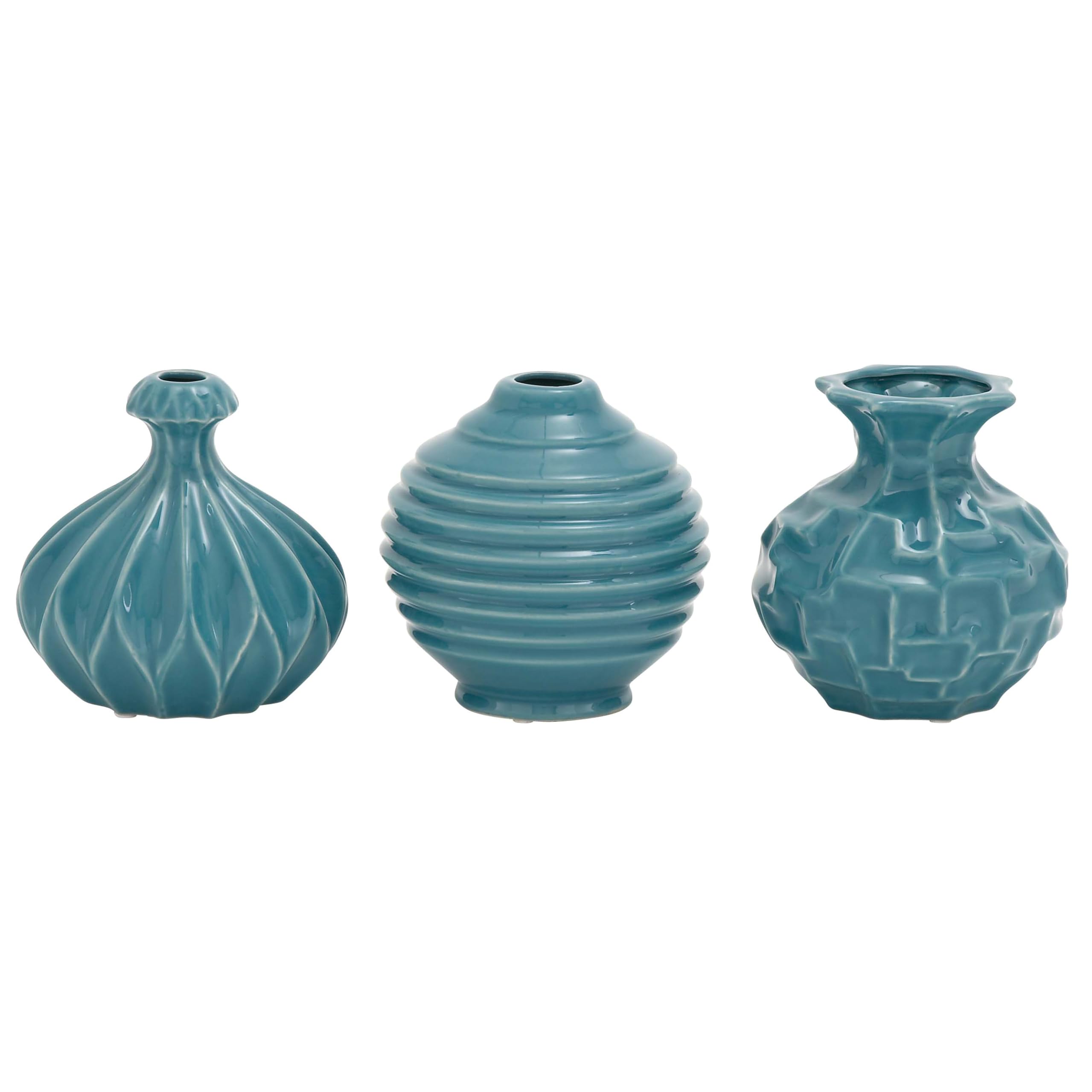 Deco 79 Ceramic Decorative Vase Centerpiece Vases with Varying Patterns, set of 3 Flower Vases for Home Decoration 6 x 6 x 6, Bl