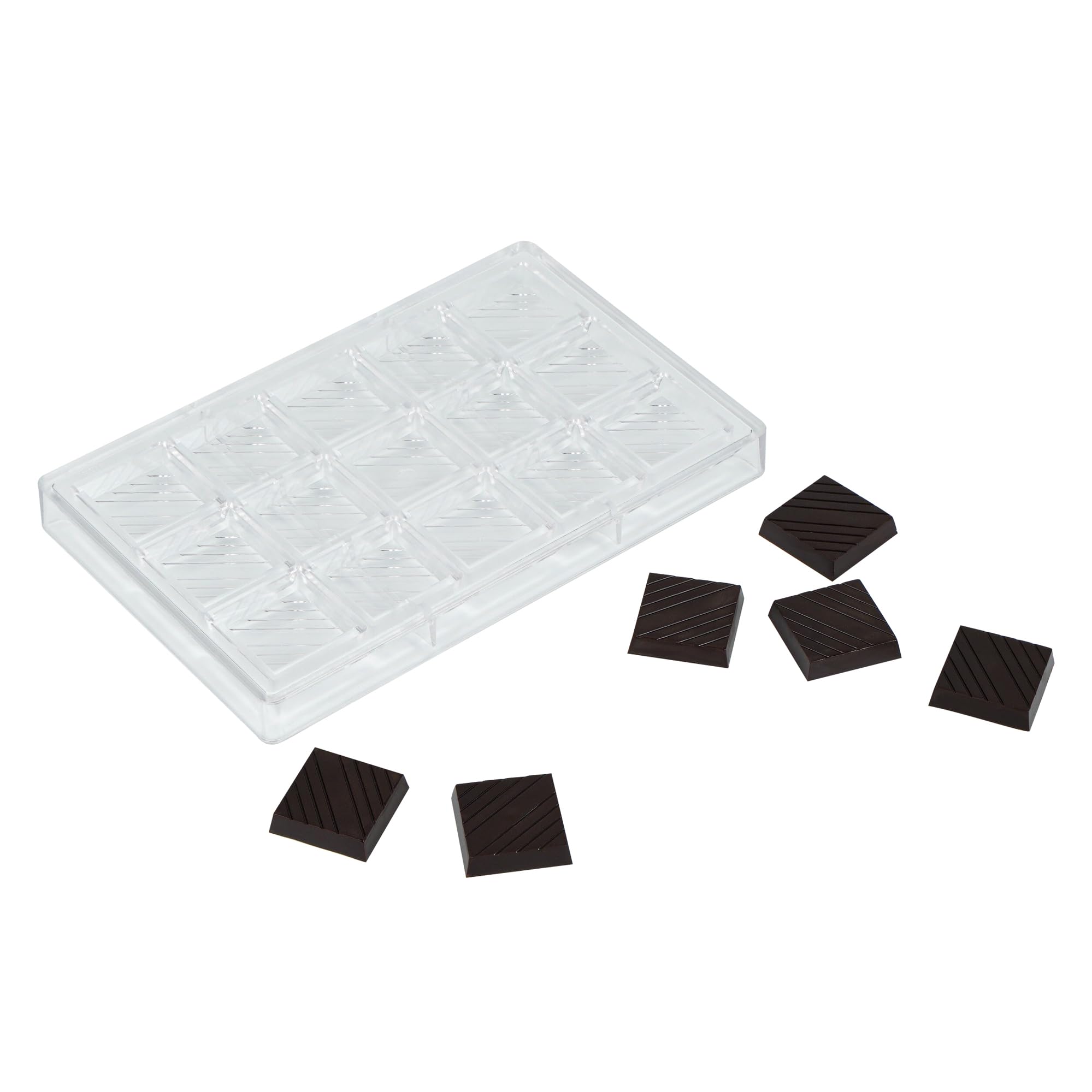 Restaurantware Pastry Tek 10.8 x 6.9 Inch Chocolate Shaping Mold 1 Freezable Candy Mold - 15 Cavities Square-Shaped Clear Polyca