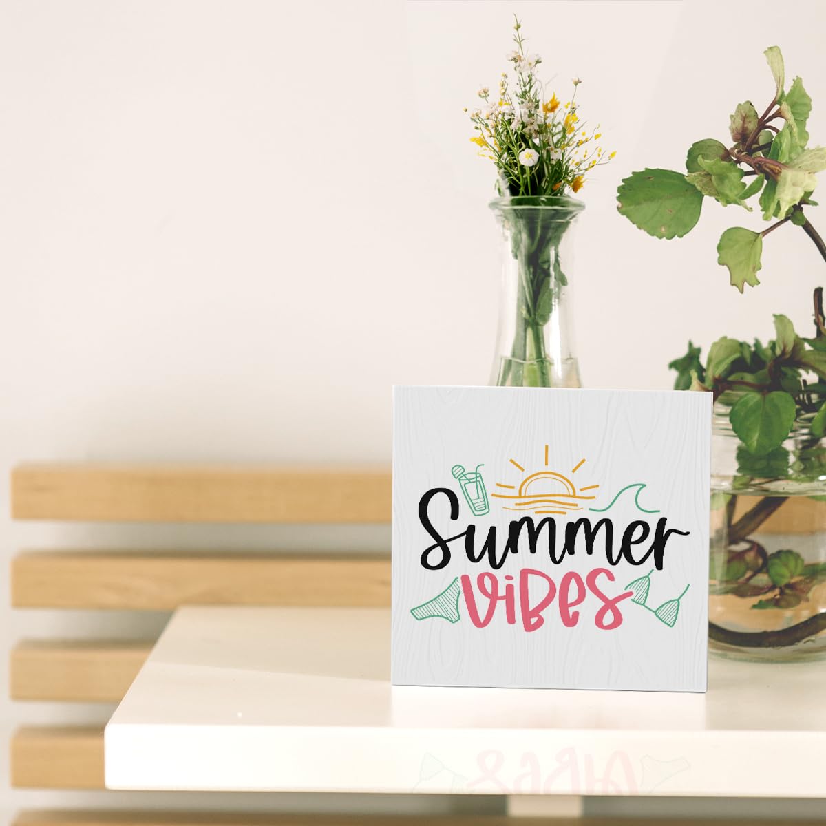 Summer Room Decor, Summer Vibes Beachy Decor for Home Office Farmhouse Wooden Box Sign Plaque for Bathroom Bedroom Living Room C