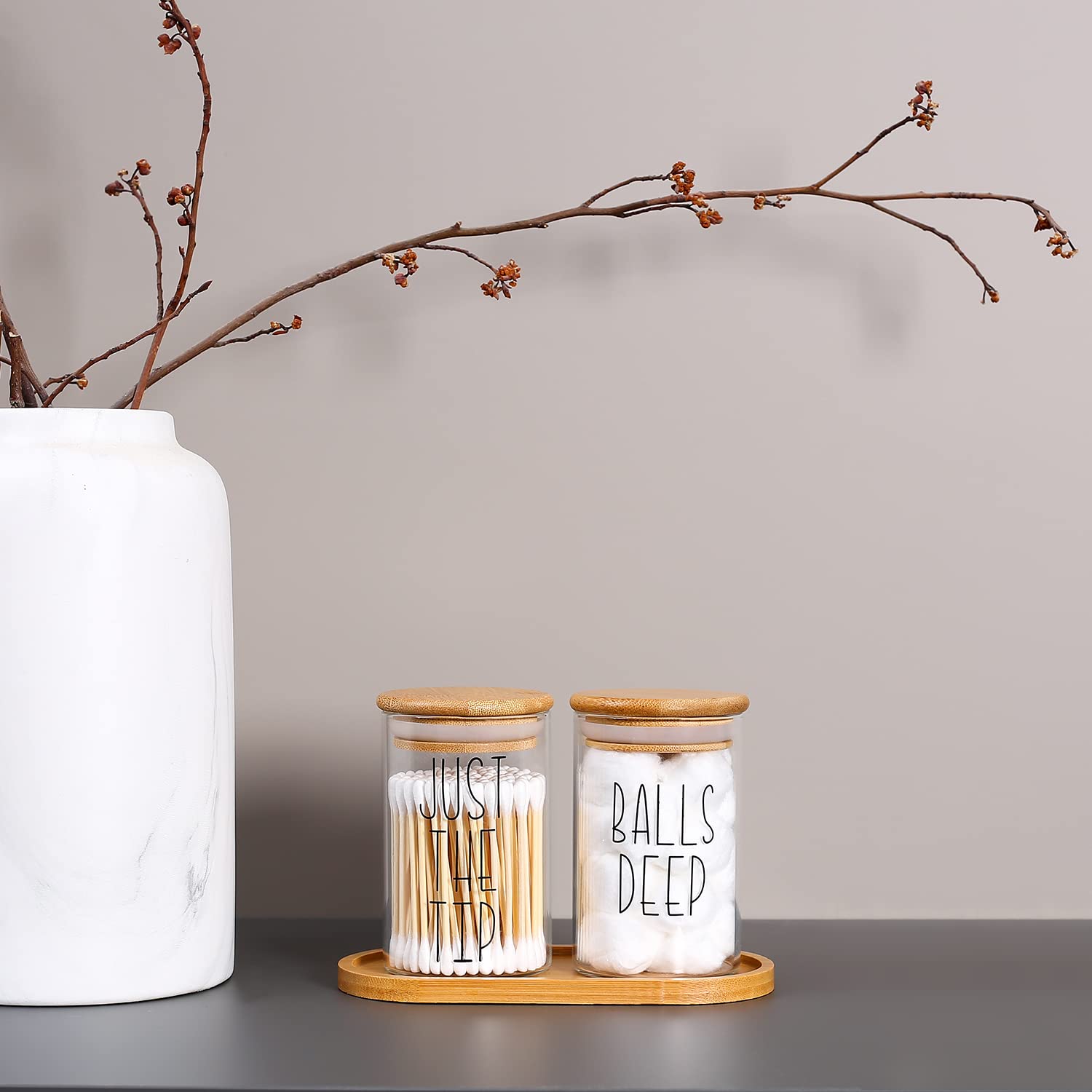 MOMEEMO Funny Qtip Holder and Cotton Ball Holder Set for Bathroom Organization. Apothecary Jars with Bamboo Tray are Great for Farmhouse Bathroom Decor  Rustic Bathroom Decor. (Glass&Tray)