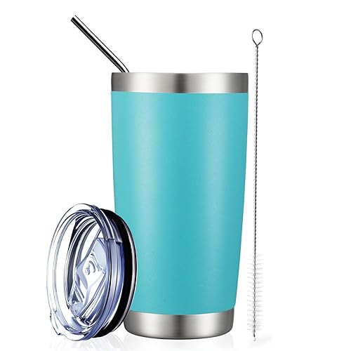 COMOOO 20oz Double Wall Vacuum Insulated Travel Mug  Stainless Steel Tumbler with Lid  Durable Powder Coated Insulated Coffee Cup for Cold & Hot Drinks  Light Blue