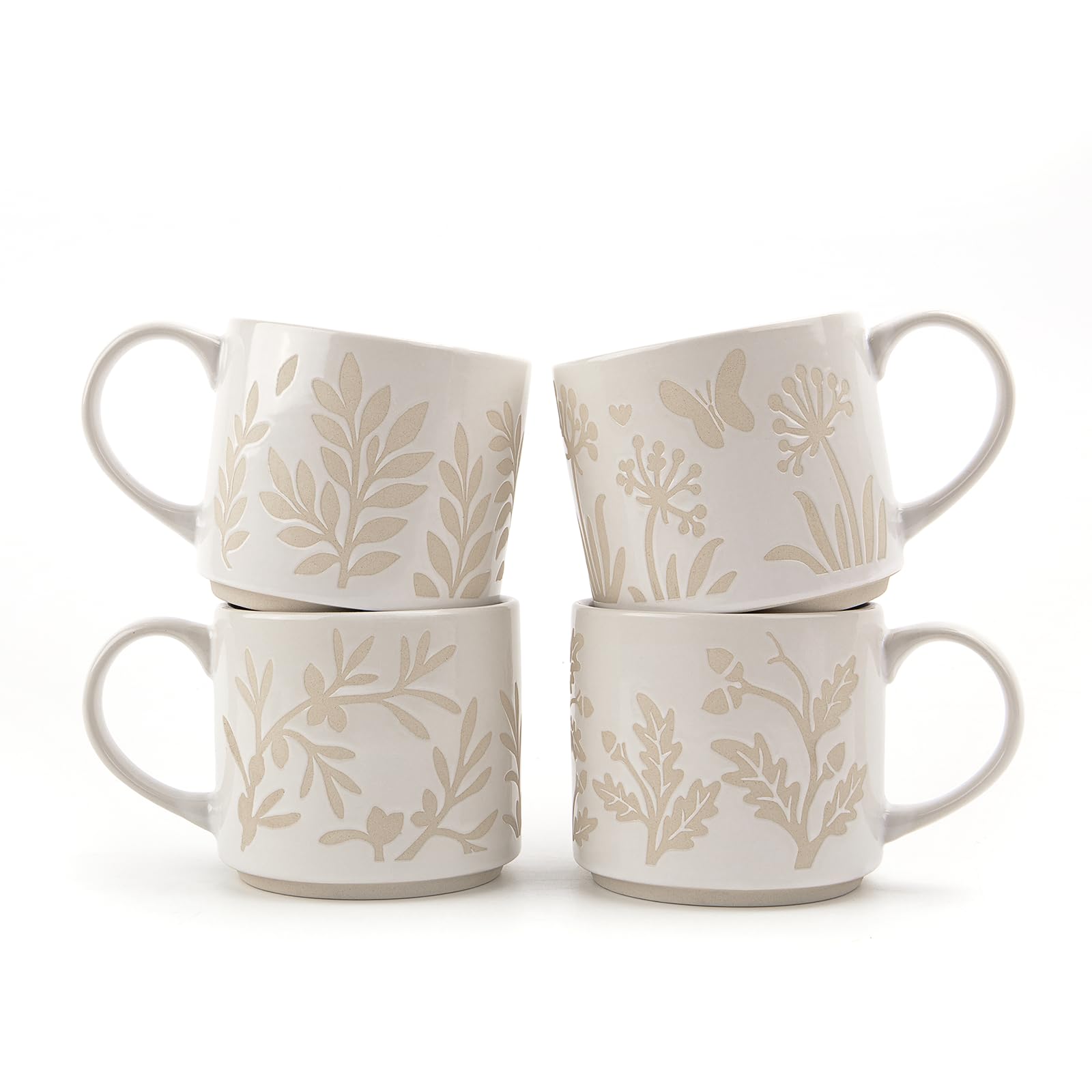 DOWAN Coffee Mugs Set of 4, 14 oz Ceramic Mugs for Latte, Cappuccino, Tea & Hot Cocoa, Textured Botanical Mug Gift Set, Dishwash