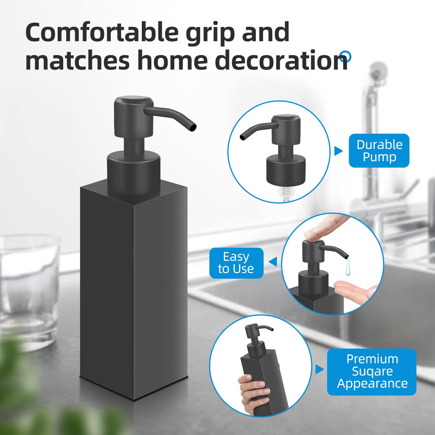 Glubee Black Soap Dispenser, Matte Black Stainless Steel Soap Dispenser, Rust-Proof Liquid Hand Dish Soap Dispenser For Bathroom