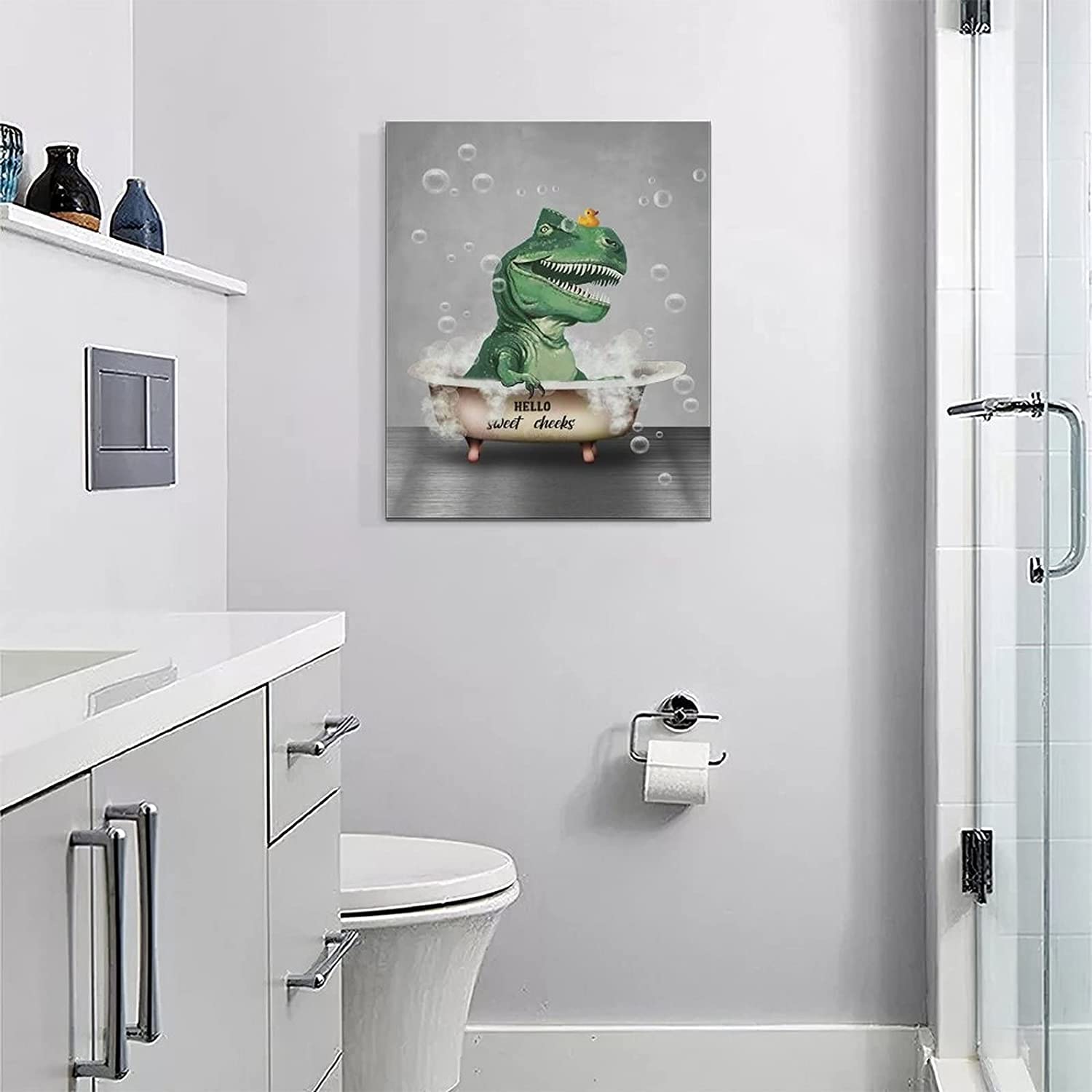 Funny Dinosaur Bathroom Wall Art Dinosaur Bathroom Pictures Wall Decor Animal Dinosaur In Bathtub Canvas Painting Print Rustic F