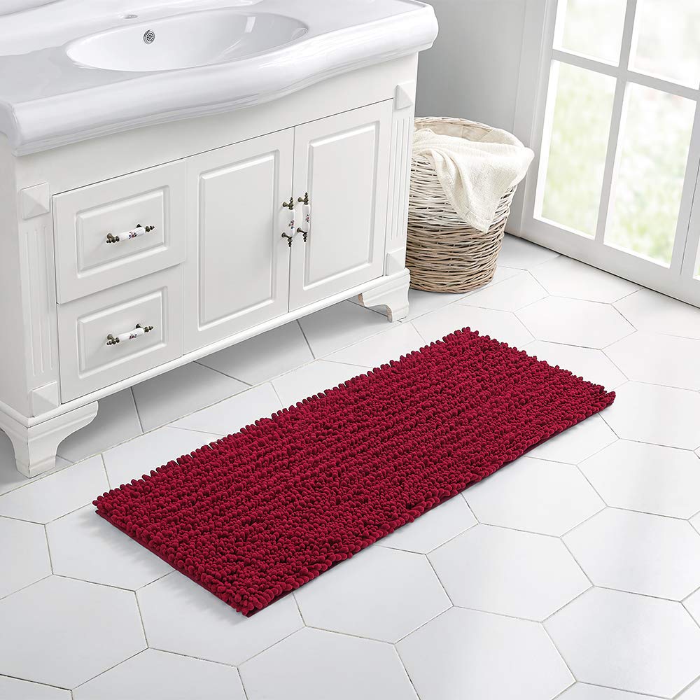 Walensee Bathroom Rug Non Slip Bath Mat (44X24 Inch Red) Water Absorbent Super Soft Shaggy Chenille Machine Washable Dry Extra T