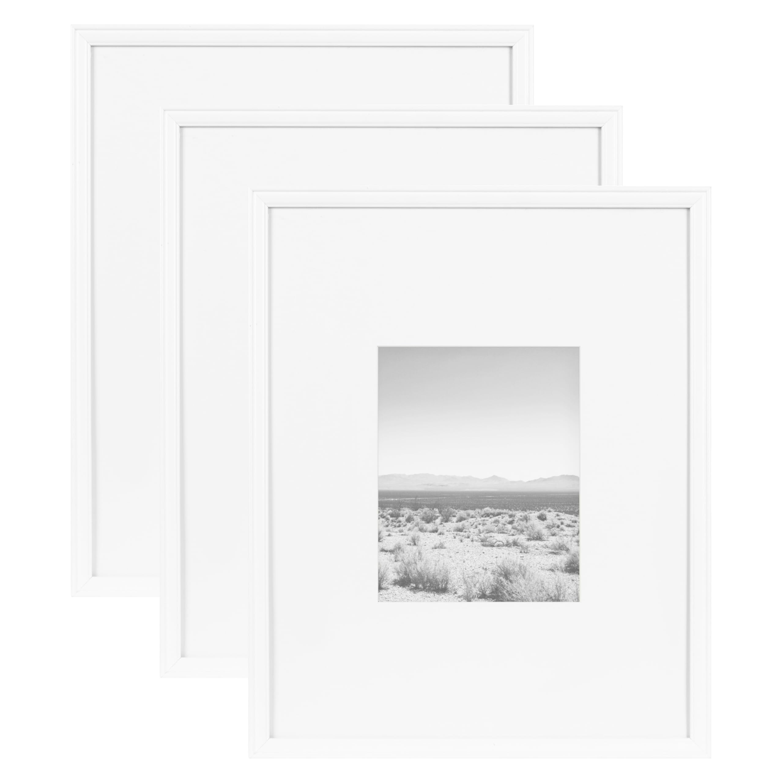 Kate and Laurel Adlynn Coastal Rectangle Picture Frame Set of 3, 16 x 20 matted to 8 x 10, White, Modern Three-Piece Photo Frame