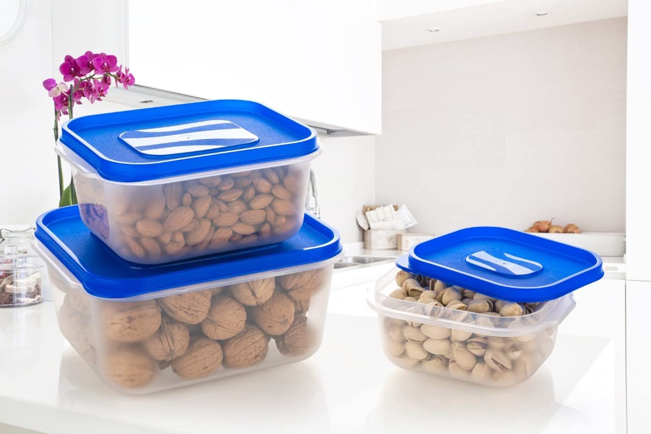 Golden Bird 3 Piece Kitchen Storage Container Set, Blue Lid, Plastic (700Ml, 1400Ml, 2400Ml)